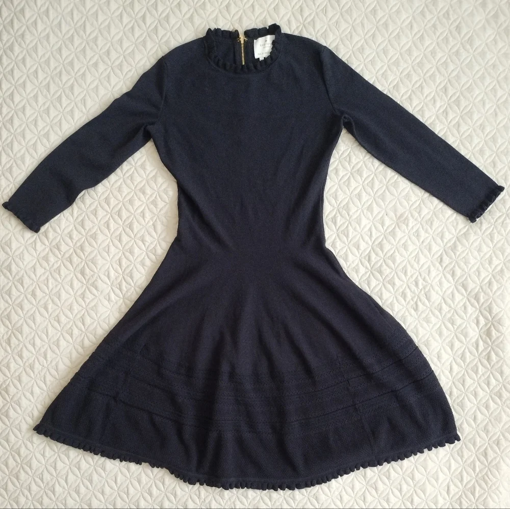 Kate Spade Sweater Knit Pointelle Dress Ruffle Neck Sleeves Fit & Flare Academia